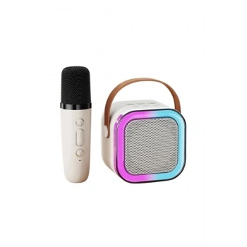 HEYF Karaoke Kablosuz Hoparlör Mikrofonlu Rgb Işıklı Bluetooth Speaker Tf Kart/usb Beyaz