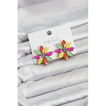 HEYF Karışık Renk Kristal Taşlı Lotus Çiçek Model Kadın Küpe