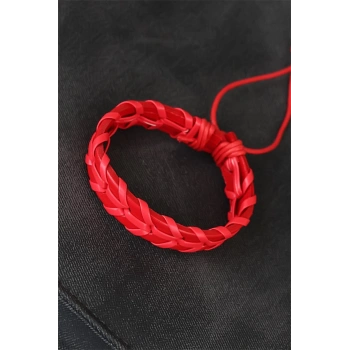 HEYF Kırmızı Örgü Deri Erkek Bileklik