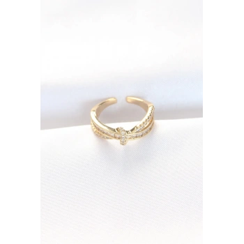 HEYF Kıvrım Model Gold Renk Zirkon Taşlı Ayarlanabilir Yüzük
