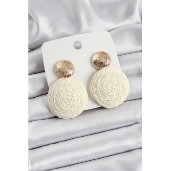 HEYF Krem Daire Figürlü Hasır Örgü Model Gold Renk Kadın Küpe