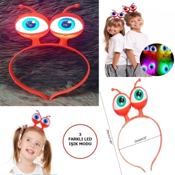 HEYF Led Işıklı  Pilli 3 Farklı Modda Yanan Uzaylı Göz Parti Tacı Kırmızı Renk 18x12 Cm