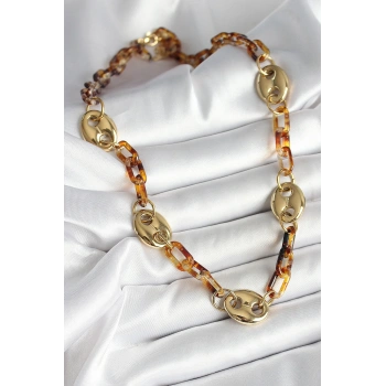 HEYF Leopar Desenli Mika Gold Renk Zincir Kadın Kolye