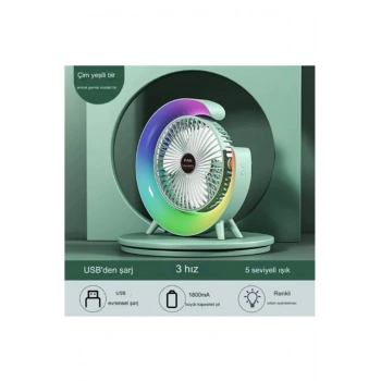HEYF Masaüstü Vantilatör Usb Şarjlı Rgb Led Işıklı 3 Kademeli 180° Ayarlanabilir Soğutucu Fan Yeşil