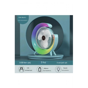 HEYF Masaüstü Vantilatör Usb Şarjlı Rgb Led Işıklı 3 Kademeli 180° Ayarlanabilir Soğutucu Fan Mavi