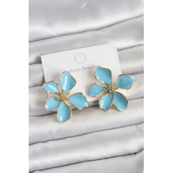 HEYF Mavi Mineli Çiçek Model Pirinç Kadın Küpe