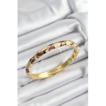 HEYF Mineli Pirinç Fuşya Ve Krem Petek Motifli Gold Renk Kadın Kelepçe