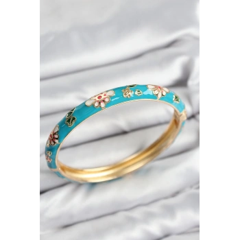 HEYF Mineli Pirinç Mavi Çiçek Motifli Gold Kadın Kelepçe