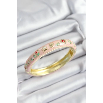 HEYF Mineli Pirinç Pembe Çiçek Motifli Gold Renk Kadın Kelepçe