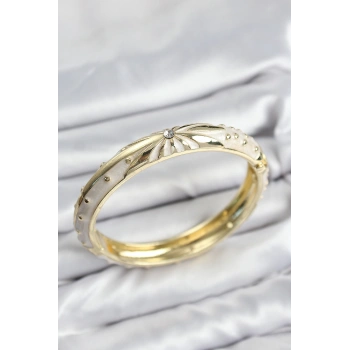 HEYF Mineli Pirinç Zirkon Taşlı Bej Desen Motifli Gold Kadın Kelepçe