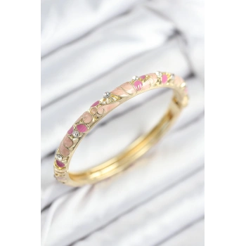 HEYF Mineli Pirinç Zirkon Taşlı Pembe Çiçek Motifli Gold Kadın Kelepçe