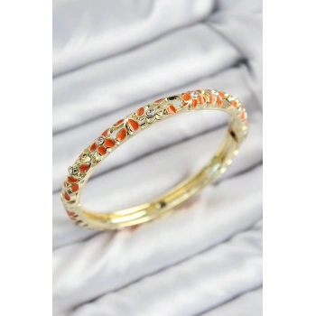 HEYF Mineli Pirinç Zirkon Taşlı Turuncu Çiçek Motifli Gold Kadın Kelepçe