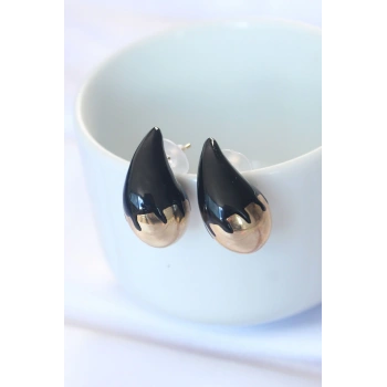 HEYF Minimal Siyah Mineli Çift Renk Damla Küpe