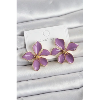 HEYF Mor Mineli Çiçek Model Pirinç Kadın Küpe