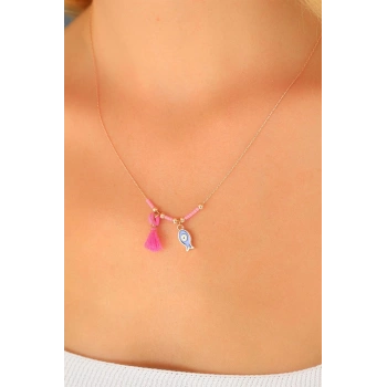 HEYF Nazar Boncuklu Pembe Renk Taşlı Rose Bayan Kolye