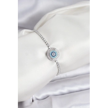 HEYF Nazar Model Zirkon Taşlı Gümüş Renk Asansörlü Su Yolu Bileklik