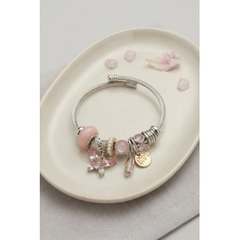 HEYF Pembe Kristal Kelebek Charmlı Bileklik
