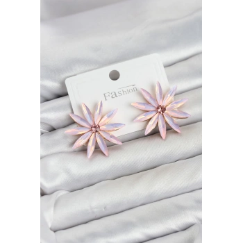 HEYF Pembe Kristal Taşlı Lotus Model Kadın Küpe