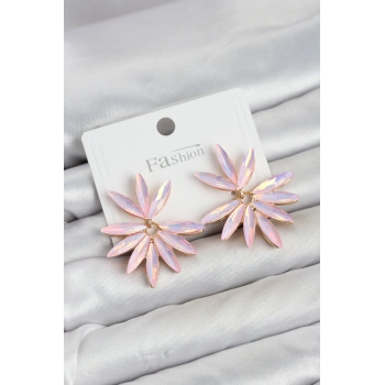 HEYF Pembe Renk Kristal Taşlı Lotus Model Kadın Küpe
