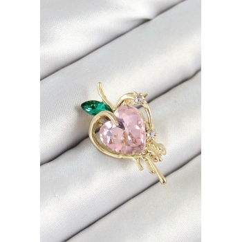 HEYF Pembe Ve Yeşil Zirkon Taşlı 3D Eriyen Kalp Figürlü Gold Renk Kadın Broş