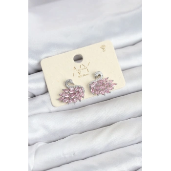 HEYF Pembe Zirkon Taşlı Gümüş Swan Kuğu Model Kadın Küpe
