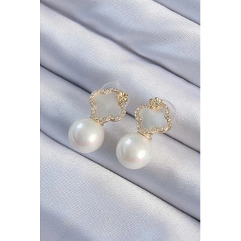 HEYF Pirinç Altın Renk Zirkon Taşlı Minimal Çiçek Tasarımlı Kadın Küpe