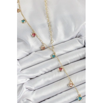 HEYF Pirinç Asorti Kalp Model Gold Renk Zirkon Taşlı Y Kolye