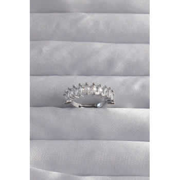 HEYF Pirinç Ayarlamalı Gümüş Renk Baget Taşlı Su Yolu Yüzük