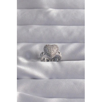 HEYF Pirinç Ayarlamalı Gümüş Renk Zirkon Taşlı Bombeli Kalp Yüzük