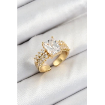 HEYF Pirinç  Büyük Zirkon Taşlı Model Gold Renk Kadın Yüzük