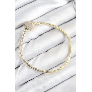 HEYF Pirinç Charm Zirkon Taşlı Kalp Model Gold Renk Kadın Bileklik