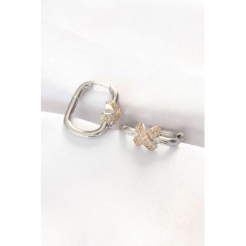 HEYF Pirinç Çift Renk Taşlı X Tasarımlı Dikdörtgen Küpe