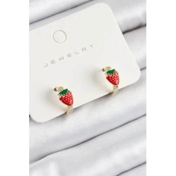 HEYF Pirinç Çilek Model Gold Renk Çocuk Küpe