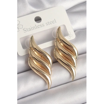 HEYF Pirinç Gold Renk 3 Sıra Dalga Model Kadın Küpe
