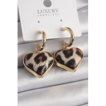HEYF Pirinç Gold Renk 3D Kalp Leopar Model Kadın Küpe