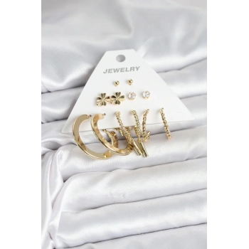 HEYF Pirinç Gold Renk 6 Çift Kadın Küpe Seti