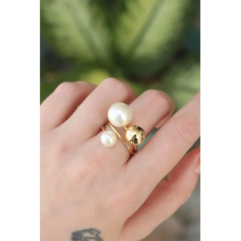 HEYF Pirinç Gold Renk Ayarlanabilir İnci Taşlı Yüzük