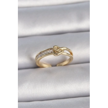 HEYF Pirinç Gold Renk Ayarlanabilir Zirkon Taşlı Düğüm Kalp Model Kadın Yüzük