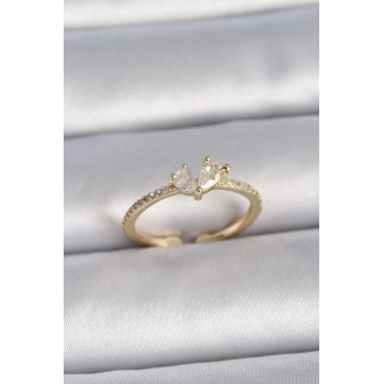 HEYF Pirinç Gold Renk Ayarlanabilir Zirkon Taşlı Kalp Model Kadın Yüzük