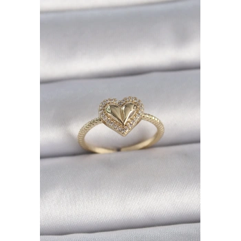 HEYF Pirinç Gold Renk Ayarlanabilir Zirkon Taşlı Kalp Model Kadın Yüzük