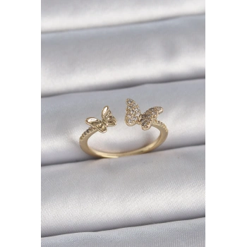 HEYF Pirinç Gold Renk Ayarlanabilir Zirkon Taşlı Kelebek Model Kadın Yüzük