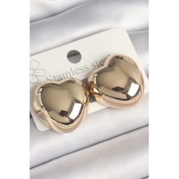 HEYF Pirinç Gold Renk Bombe Kalp Model Kadın Küpe