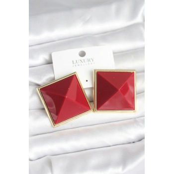 HEYF Pirinç Gold Renk Bordo Piramit Model Kadın Küpe