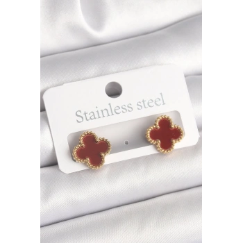 HEYF Pirinç Gold Renk Bordo Yonca Model Kadın Küpe