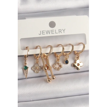 HEYF Pirinç Gold Renk Çoklu Figür Kadın Küpe Seti