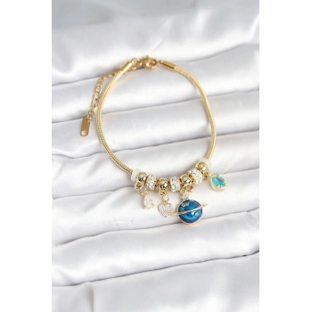 HEYF Pirinç Gold Renk Dünya Charmlı Kadın Bileklik