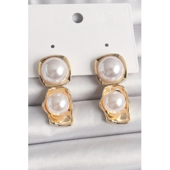 HEYF Pirinç Gold Renk İnci Kare Model Kadın Küpe