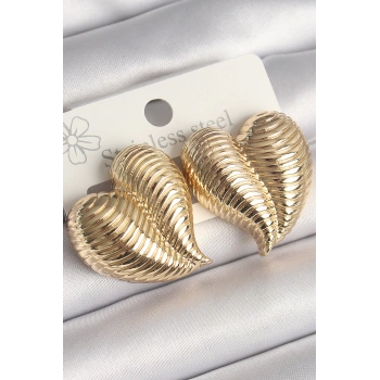 HEYF Pirinç Gold Renk İşlemeli Bomba Kalp Model Kadın Küpe