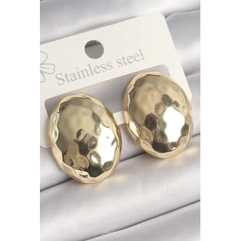 HEYF Pirinç Gold Renk İşlemeli Bombe Oval Model Kadın Küpe