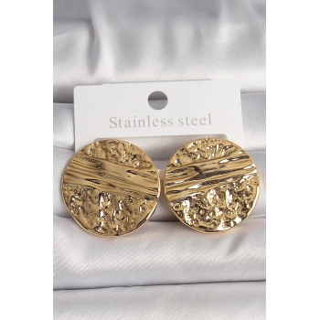 HEYF Pirinç Gold Renk İşlemeli Daire Plaka Model Kadın Küpe